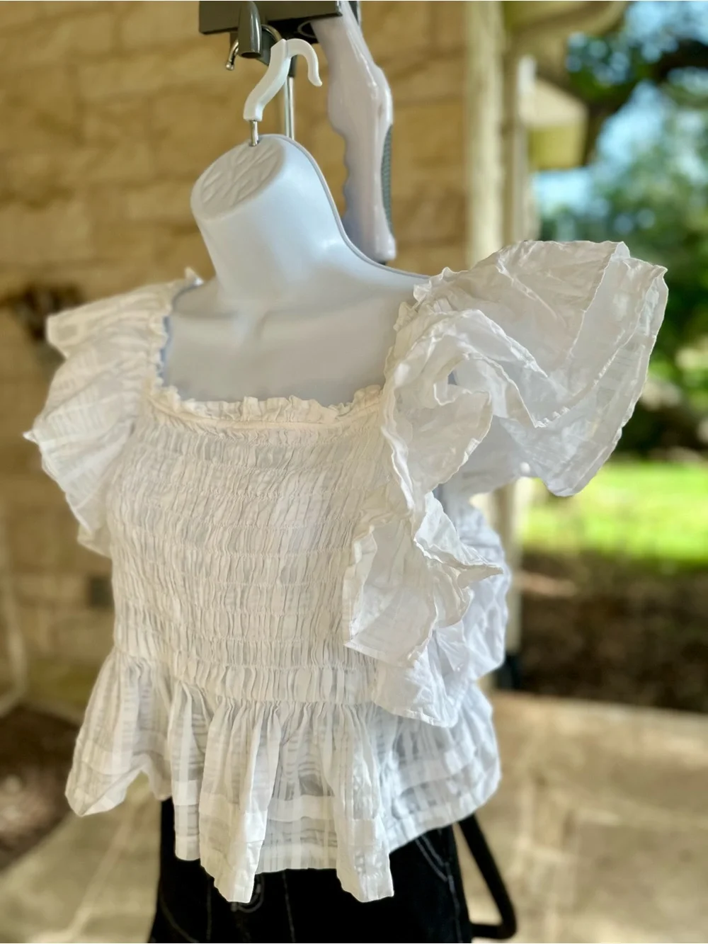 Banana Republic White Smocked Ruffle Sleeve Peplum Top